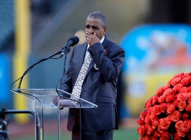 Michael Mays, son of former San Francisco Giants player Willie Mays, becomes emotional while speaking during a public celebration of life for him at Oracle Park in San Francisco, Calif., on Monday, July 8, 2024. (Jane Tyska/Bay Area News Group)