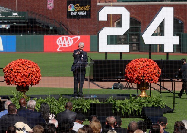 Former President Bill Clinton speaks during a public celebration of life for former San Francisco Giants player Willie Mays at Oracle Park in San Francisco, Calif., on Monday, July 8, 2024. (Jane Tyska/Bay Area News Group)