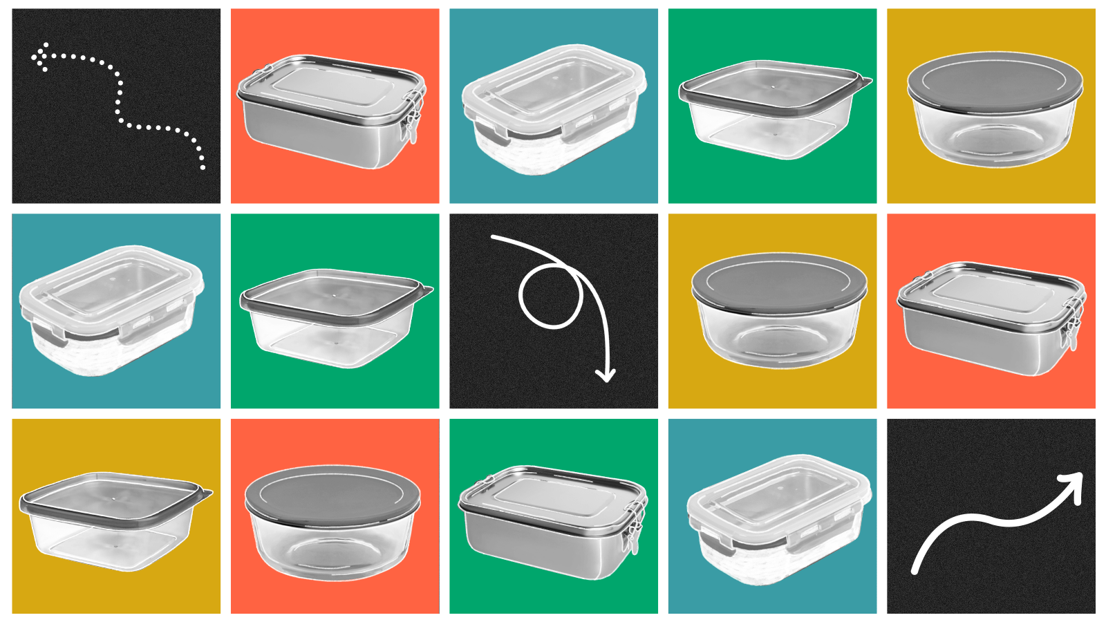 digital collage of various tupperware and arrows on brightly colored squares