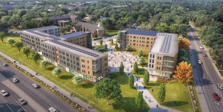 A rendering of two planned new housing buildings on Merrimack College's campus.