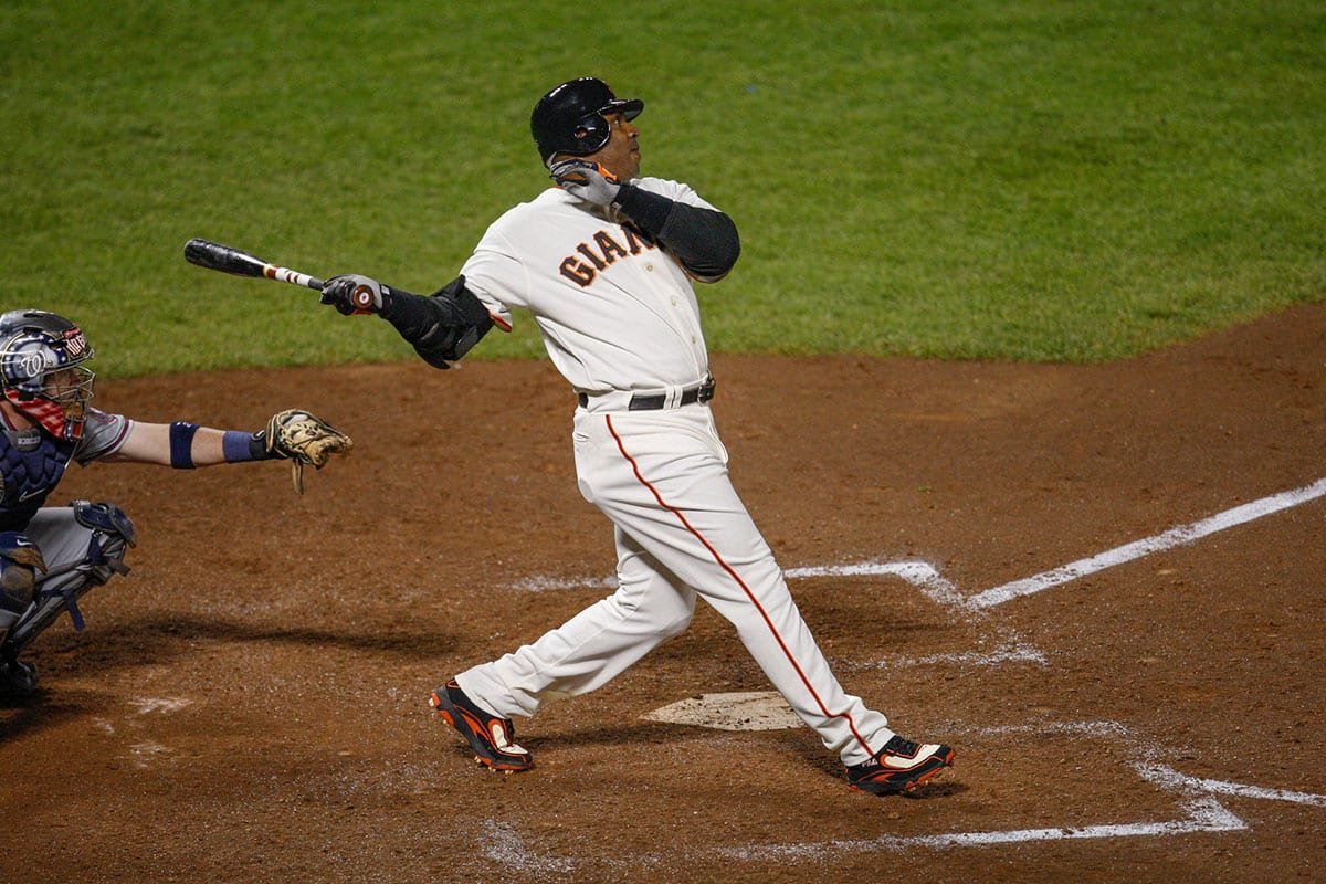 Barry Bonds home run chase -- San Francisco Giants Barry Bonds hits home run number 756 off Washington Nationals pitcher Mike Bacsik breaking Hank Aaron's all-time Major League Baseball career home run record of 755 on 8/7/07 at AT&T Park in San Francisco, CA becoming the career all-time home run record holder.