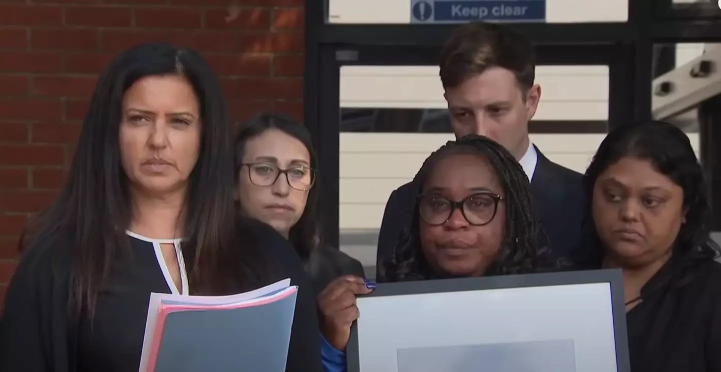 Hannah's mom Abimbola Duyile seen with her legal team after the inquest concluded. (Sky News)