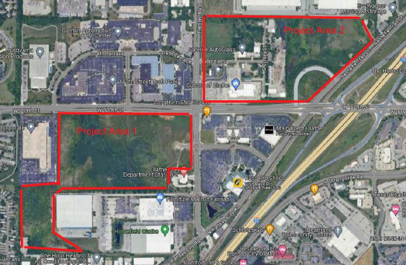 The project areas in a potential STAR bond incentive district proposed in Olathe.