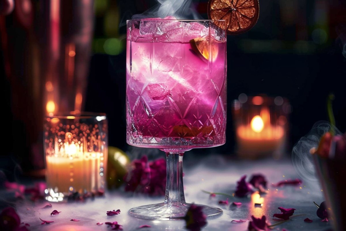 Una copa de cristal de cóctel en una mesa con velas y pétalos de rosa