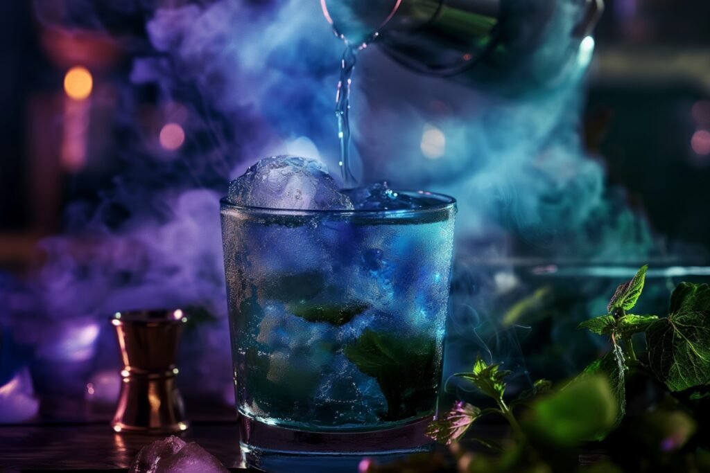 A bottle pouring a cocktail into a glass surrounded by spearmint and a meter.