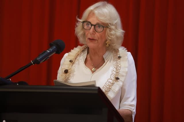 <p>Ian Vogler-Pool/Getty</p> Queen Camilla talking at an event tackling violence against women and girls on Oct. 24, 2024 in Samoa