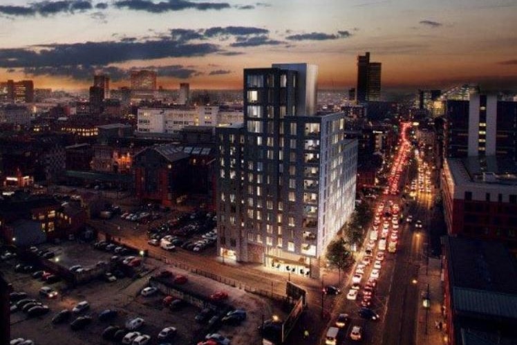 Rendered aerial image of a building and city skyline at dusk. 