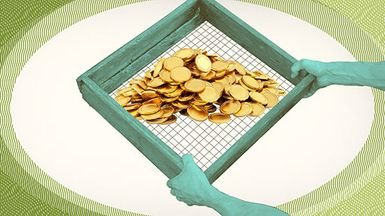 Factor ETFs, photo illustration image: Pile of gold coins in screen-bottomed box.