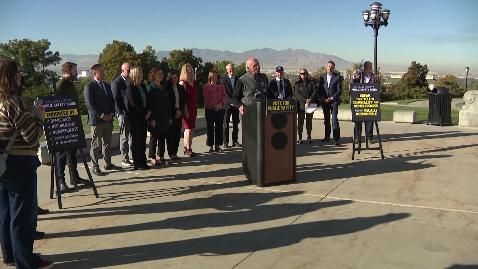 Utah and Salt Lake County leaders on both sides of the political aisle speaking about the proposed bond on the steps of the State Capitol. 