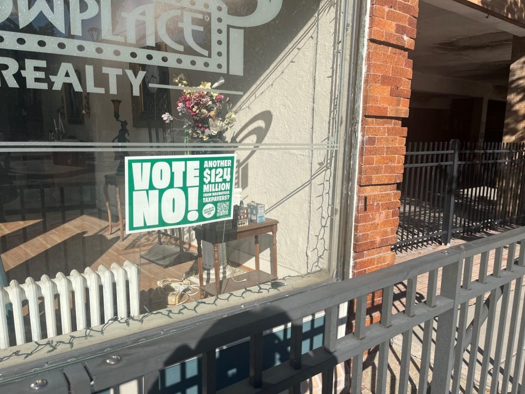 A business in the Wauwatosa Village has a “Vote No” sign about the upcoming school referendum. Corrinne Hess/WPR