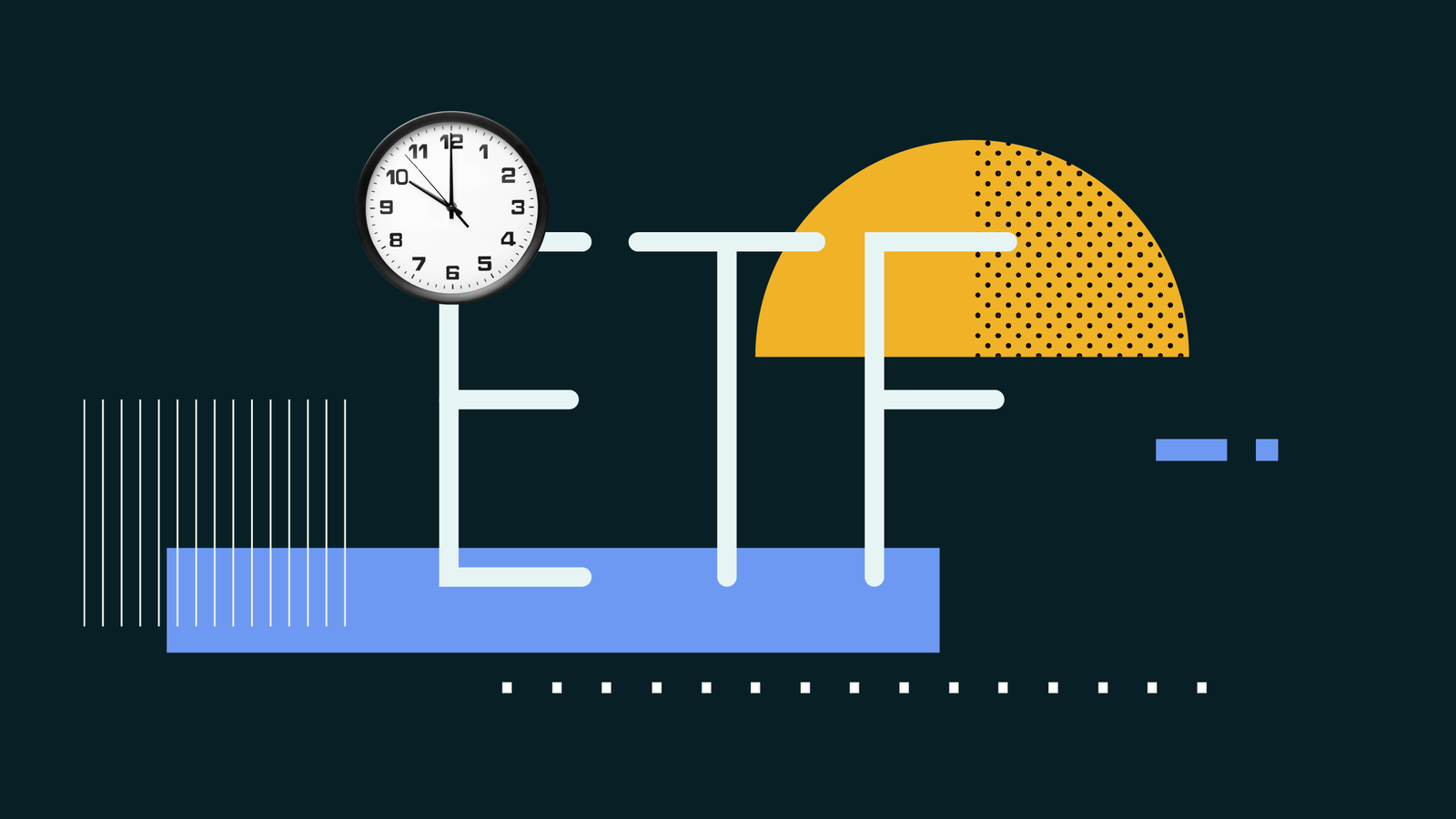 Collage illustration of the word "ETF" with a clock and shapes in the background.