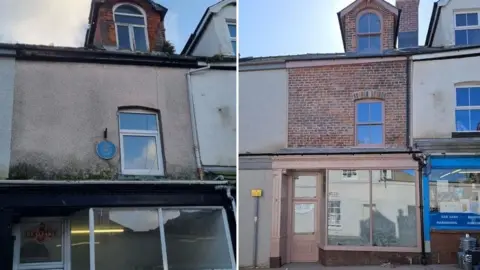Sue Dawson Two views of a terraced property with a large shop-style window to the right of the front door, a smaller upstairs window and an attic dormer. The one to the left is prior to repairs and features damp patches on pebble dashing on the first floor, damaged woodwork and guttering on the roof and a plant growing wild next to the attic. The right shows repaired brickwork and new woodwork which has been painted pink.