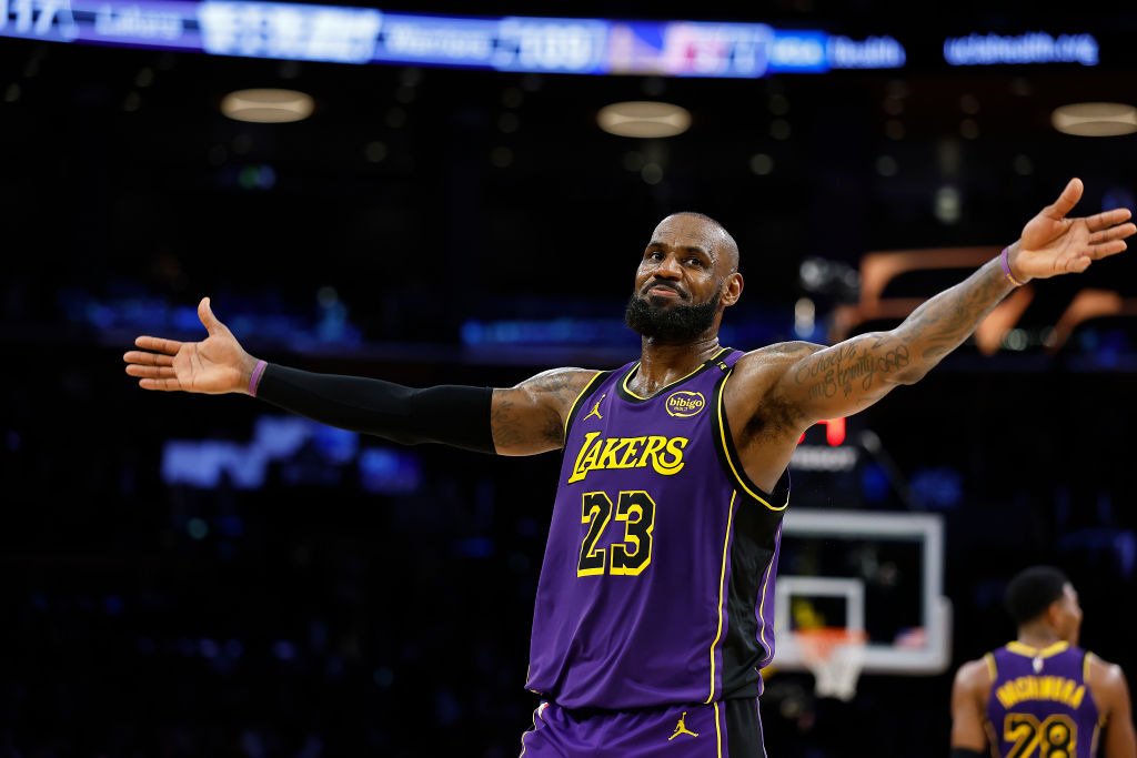 LeBron James of the LA Lakers with arms outstretched