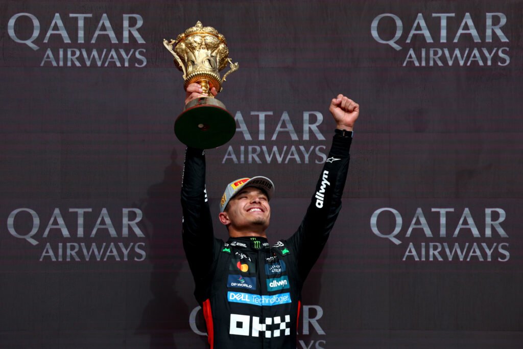 Race winner Lando Norris of Great Britain and McLaren celebrates on the podium during the F1 Grand Prix of Great Britain at Silverstone