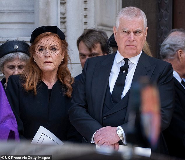 Prince Andrew, Duke of York and Sarah, Duchess of York alongside other Royal Family members at the funeral for the Duchess of Kent at Westminster Cathedral on September 16