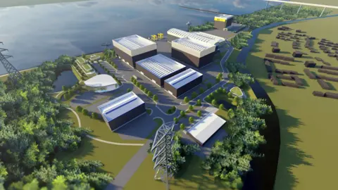 Malin  A visualisation of industrial buildings beside a river, surrounded by fields and trees