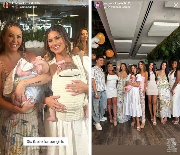 A split of Kristen, Zack, and friends having fun at Nia and Kristen's Sip n See for their girls.