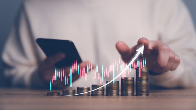 Planning and strategy stock market  business growth  progress or success concept. Businessman or trader showing growing virtual holographic stocks, investing in trading.