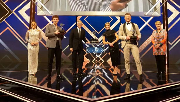 Tom Daley, second from left, and Clare Balding, right, during a sports awards event in 2021