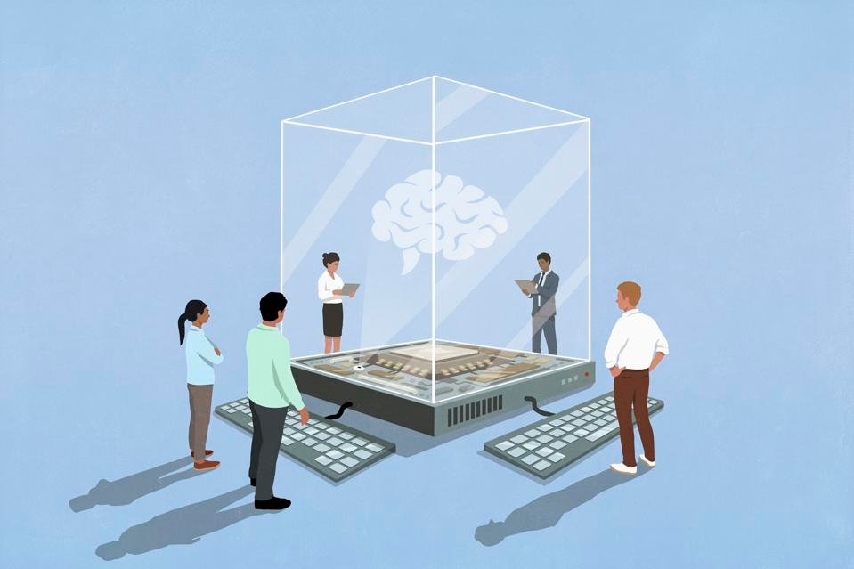 Illustration of multiple people in business clothing studying a cube structure with an "AI brain" inside. Two of the people are taking notes on laptops. Keyboards are attached to the cube. Businesses learning how to use AI concept.
