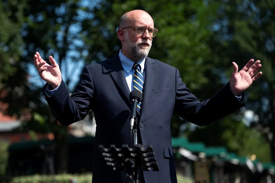 Director of the Office of Management and Budget (OMB) Russell Vought speaks to reporters outside the West Wing of the White House in Washington, D.C., U.S., July 17, 2025.