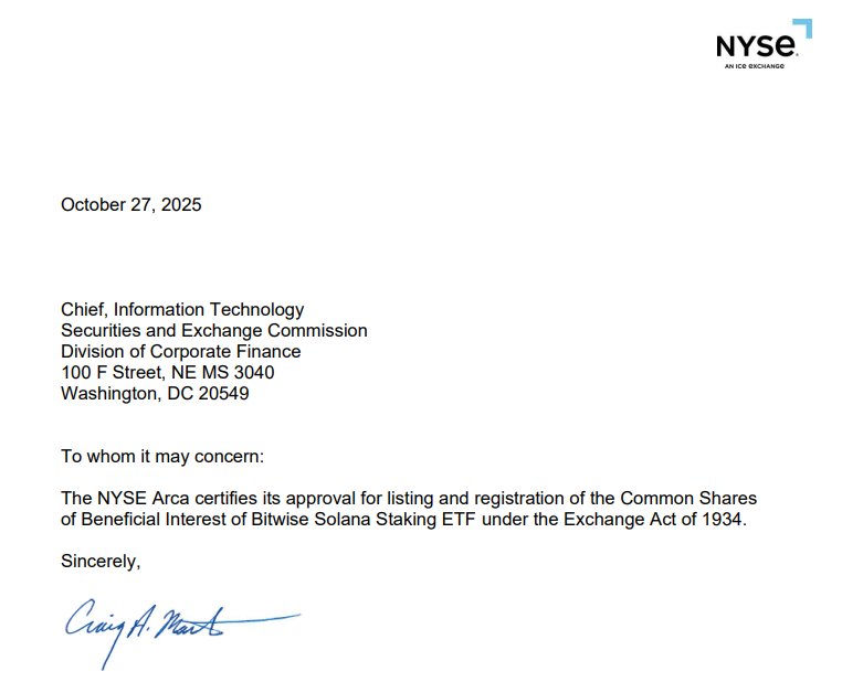NYSE Approves Bitwise Solana Staking ETF for Listing