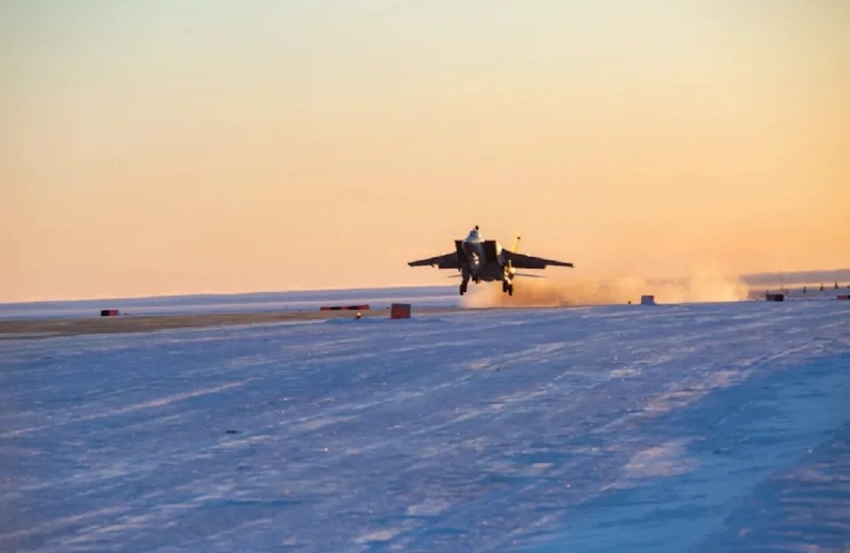 A Russian MiG-31BM Foxhound interceptor at Rogachevo Air Base in the Novaya Zemlya archipelago, above the Arctic Circle. Russia’s Ministry of Defense described this as “experimental combat duty to protect the state border of the Russian Federation in the Arctic airspace.” <em>Russian Ministry of Defense</em>