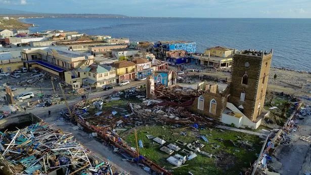 An aerial view of damaged buildings around the St. John's Anglican Church following the passage of Hurricane Melissa, in Black River, St. Elizabeth, Jamaica