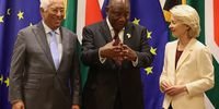  President Cyril Ramaphosa (C) welcomes Ms Ursula Gertrud von der Leyen, President of the European Union Commission(R) and  Mr António Costa, President of the European Council (L), at the Sandton Convention Centre in Johannesburg. (Photo: Siyabulela Duda / GCIS)
