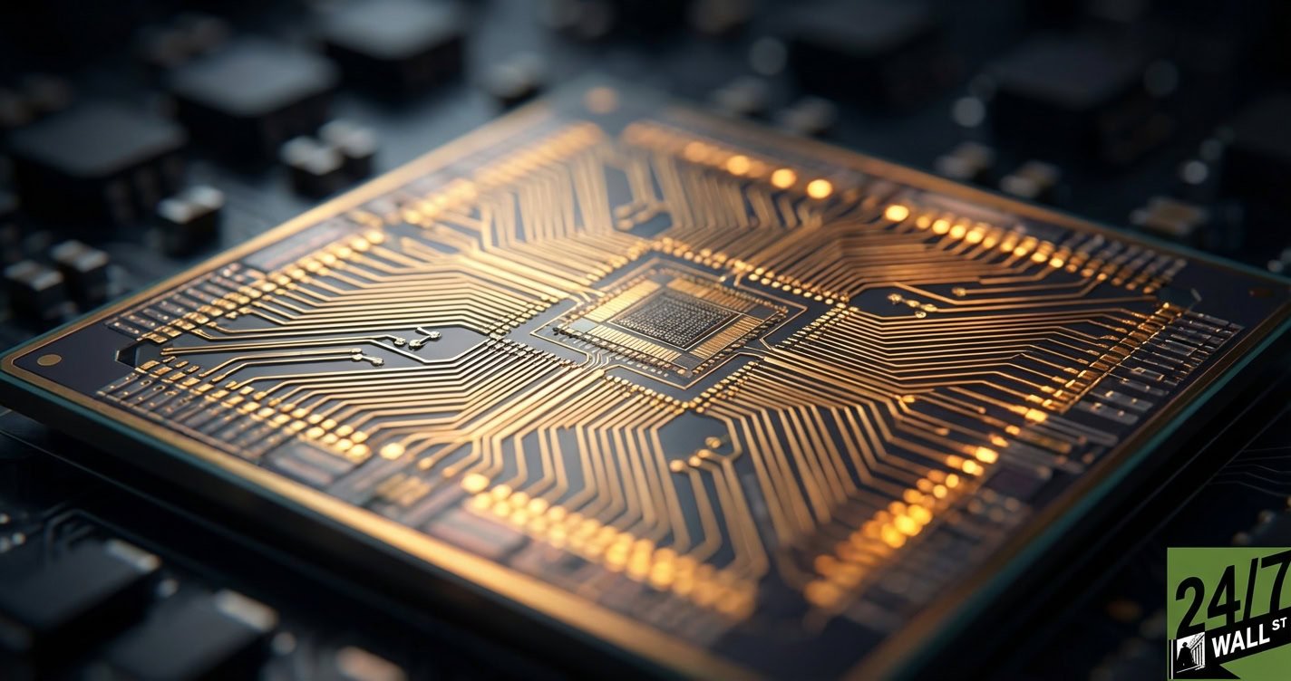 Close-up view of a sophisticated computer chip with intricate gold circuits glowing on a dark electronic board.