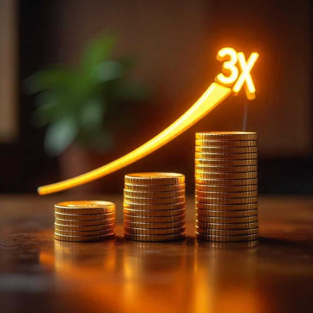 Three progressively taller stacks of shining gold coins arranged horizontally on a reflective dark surface. A bright, glowing orange arrow curves upward from the smallest stack, passing over the middle stack, and pointing towards a large, glowing orange '3x' symbol positioned above the tallest stack. The background is softly blurred with hints of green foliage.