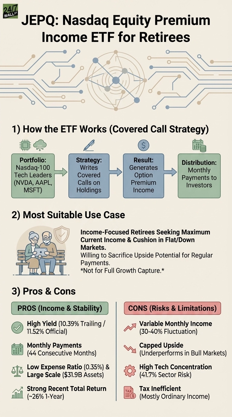 An infographic titled "JEPQ: Nasdaq Equity Premium Income ETF for Retirees." The top features a blue and brown circuit board pattern. Section 1, "How the ETF Works (Covered Call Strategy)," is a horizontal flow diagram. It starts with a green box "Portfolio: Nasdaq-100 Tech Leaders (NVDA, AAPL, MSFT)," arrow to a blue box "Strategy: Writes Covered Calls on Holdings," arrow to a blue box "Result: Generates Option Premium Income," arrow to a green box "Distribution: Monthly Payments to Investors." Section 2, "Most Suitable Use Case," shows an illustration of two retirees on a bench and text describing "Income-Focused Retirees Seeking Maximum Current Income & Cushion in Flat/Down Markets," "Willing to Sacrifice Upside Potential for Regular Payments," and "*Not for Full Growth Capture*." Section 3, "Pros & Cons," is divided into two columns. The green column, "PROS (Income & Stability)," lists: High Yield (10.39% Trailing / 11.52% Official), Monthly Payments (44 Consecutive Months), Low Expense Ratio (0.35%) & Large Scale ($31.9B Assets), and Strong Recent Total Return (~26% 1-Year). The red column, "CONS (Risks & Limitations)," lists: Variable Monthly Income (30-40% Fluctuation), Capped Upside (Underperforms in Bull Markets), High Tech Concentration (41.7% Sector Risk), and Tax Inefficient (Mostly Ordinary Income).