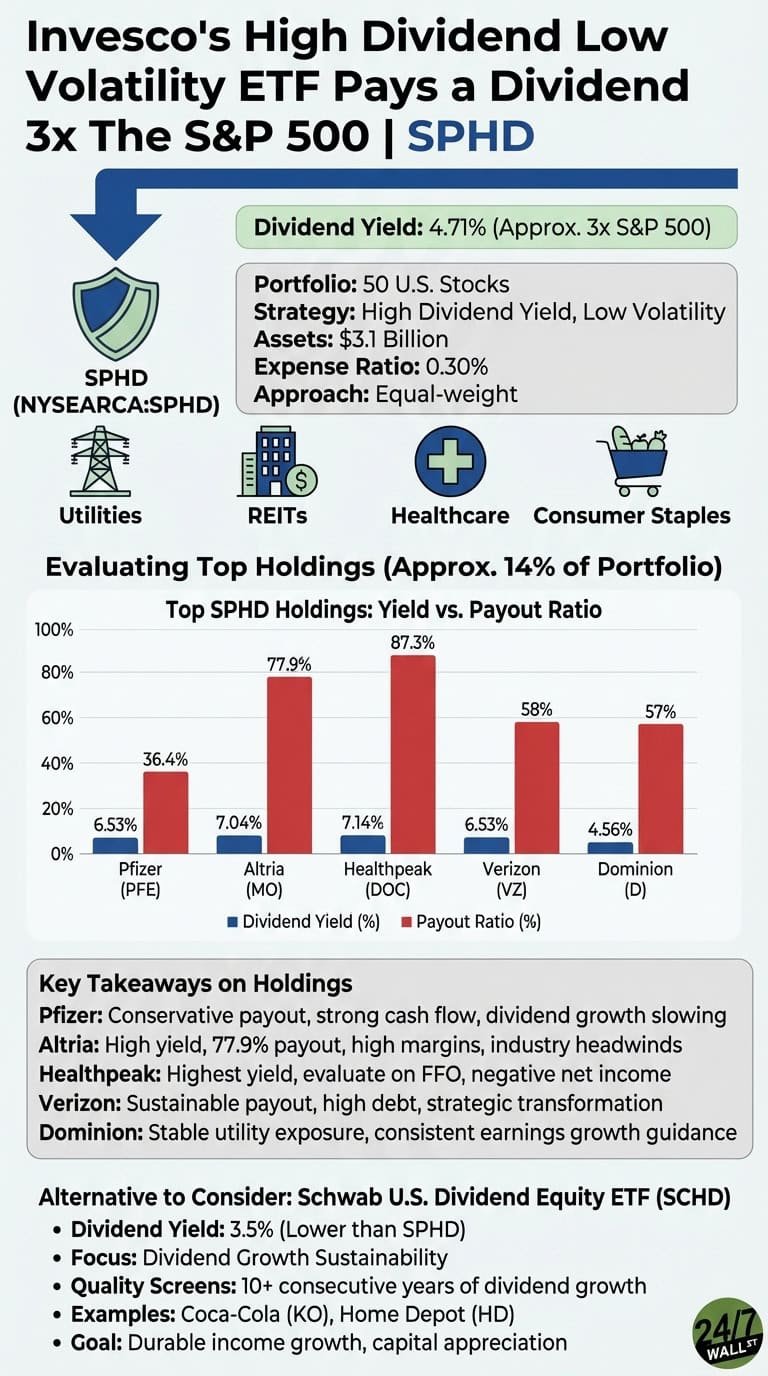 An infographic titled 'Invesco's High Dividend Low Volatility ETF Pays a Dividend 3x The S&P 500 | SPHD'. It features a shield logo and the SPHD ticker NYSEARCA:SPHD. A light green box highlights SPHD's Dividend Yield of 4.71% (Approx. 3x S&P 500). A grey box details SPHD's portfolio: 50 U.S. Stocks, Strategy: High Dividend Yield, Low Volatility, Assets: $3.1 Billion, Expense Ratio: 0.30%, Approach: Equal-weight. Icons represent Utilities, REITs, Healthcare, and Consumer Staples. A bar chart titled 'Top SPHD Holdings: Yield vs. Payout Ratio' shows dividend yield (blue bars) and payout ratio (red bars) for five companies: Pfizer (PFE) at 6.53% yield/36.4% payout, Altria (MO) at 7.04% yield/77.9% payout, Healthpeak (DOC) at 7.14% yield/87.3% payout, Verizon (VZ) at 6.53% yield/58% payout, and Dominion (D) at 4.56% yield/57% payout. Below the chart, 'Key Takeaways on Holdings' provides brief descriptions for each of these companies. The bottom section, 'Alternative to Consider', details the Schwab U.S. Dividend Equity ETF (SCHD) with a 3.5% dividend yield, focus on dividend growth sustainability, quality screens (10+ consecutive years of dividend growth), examples (KO, HD), and a goal of durable income growth and capital appreciation. A '24/7 WALL ST' logo is in the bottom right.