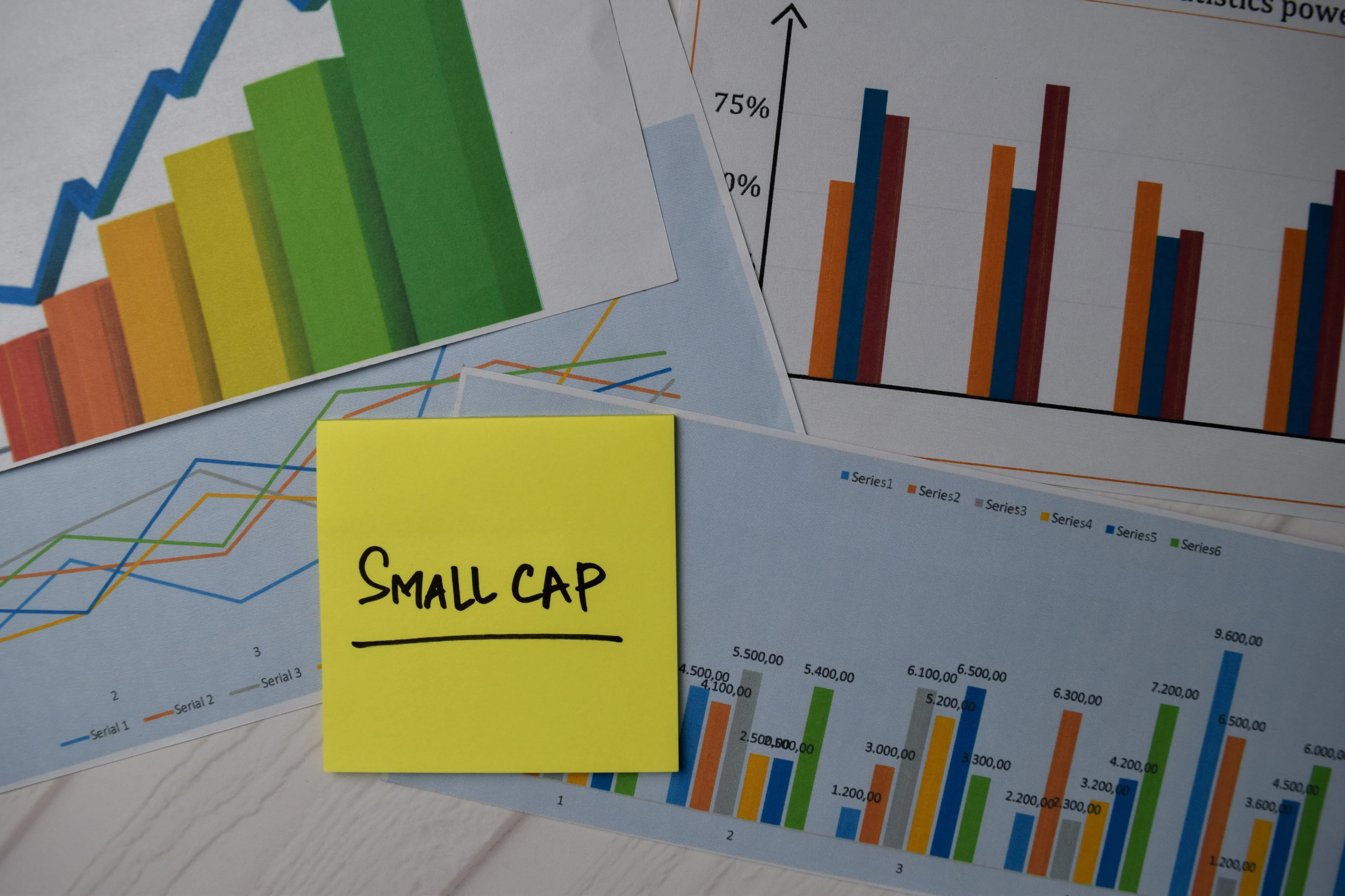 Post-it note saying "small cap" on top of financial charts.