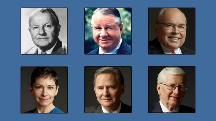 Clockwise from top left, the six managing partners over Edward Jones' more than 100 years in business have been Edward D. Jones, Sr. (managing partner from 1922 to 1968), Ted Jones (1968-1980), John Bachmann (1980-2004), Douglas Hill (2004-2005), James Weddle (2006-2018) and Penny Pennington (2019-present).