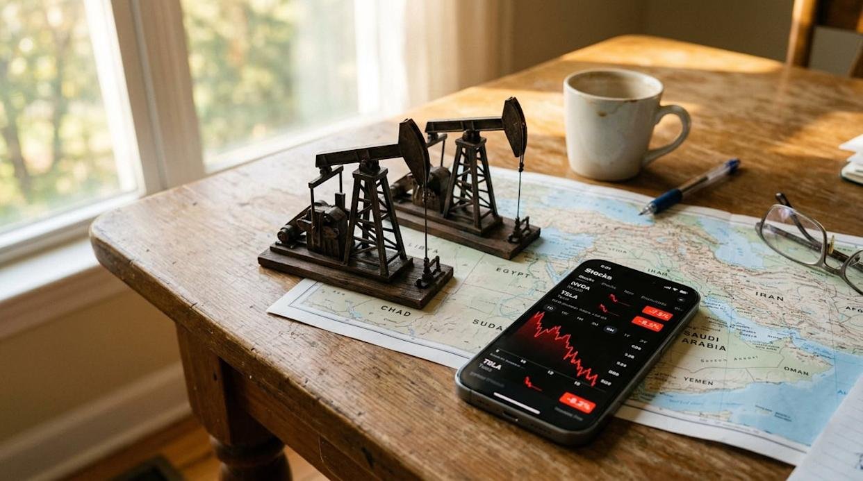 An overhead view of a wooden table with two miniature dark brown oil pump jacks. They sit on a world map that includes countries like Saudi Arabia and Iran. A black smartphone displays a stock market app with a red, downward-trending graph and stock tickers showing losses. Also on the table are a white coffee mug, a blue pen, and a pair of silver-rimmed reading glasses, with a sunlit window and blurred greenery in the background.