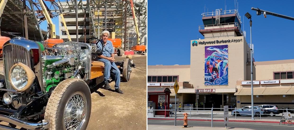 Jay Leno sits in a 1930 Duesenberg to sell airport revenue bonds to help fund the Hollywood Burbank Airport renovation.