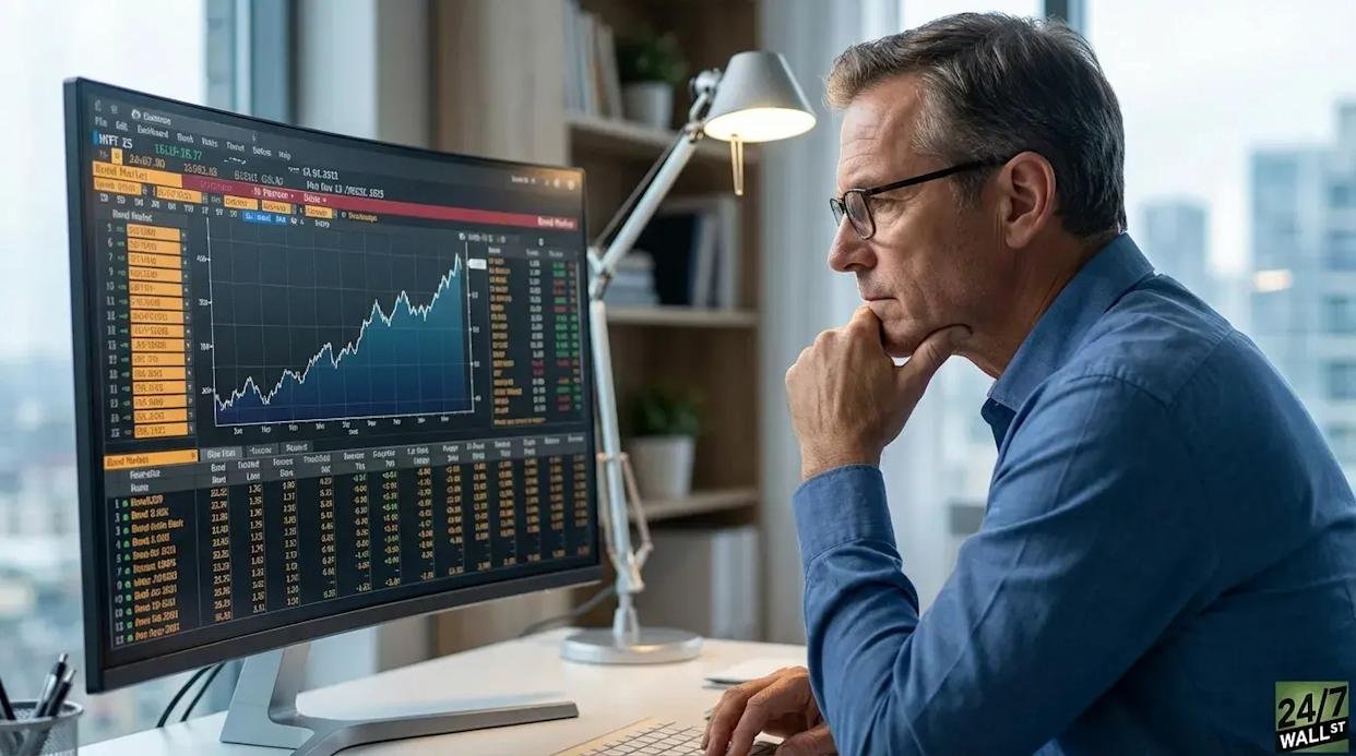A man with glasses and a blue shirt sits at a desk, looking intently at a computer monitor displaying financial charts, graphs, and tables. His hand is resting on his chin in a thoughtful pose. A desk lamp illuminates the scene from the right, and shelves are visible in the blurred background. The monitor shows a blue line graph with an upward trend against a dark grid, with 'Bond Market' visible.