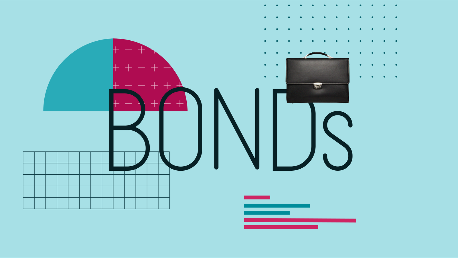 Collage illustration with the text "Bonds" at the center and a portfolio and graphical elements in the background.