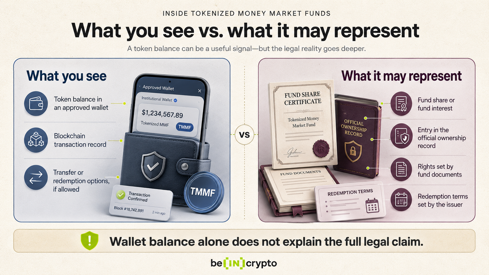 Comparison of wallet token balance and the underlying fund share, ownership record, and redemption rights in a tokenized money market fund.