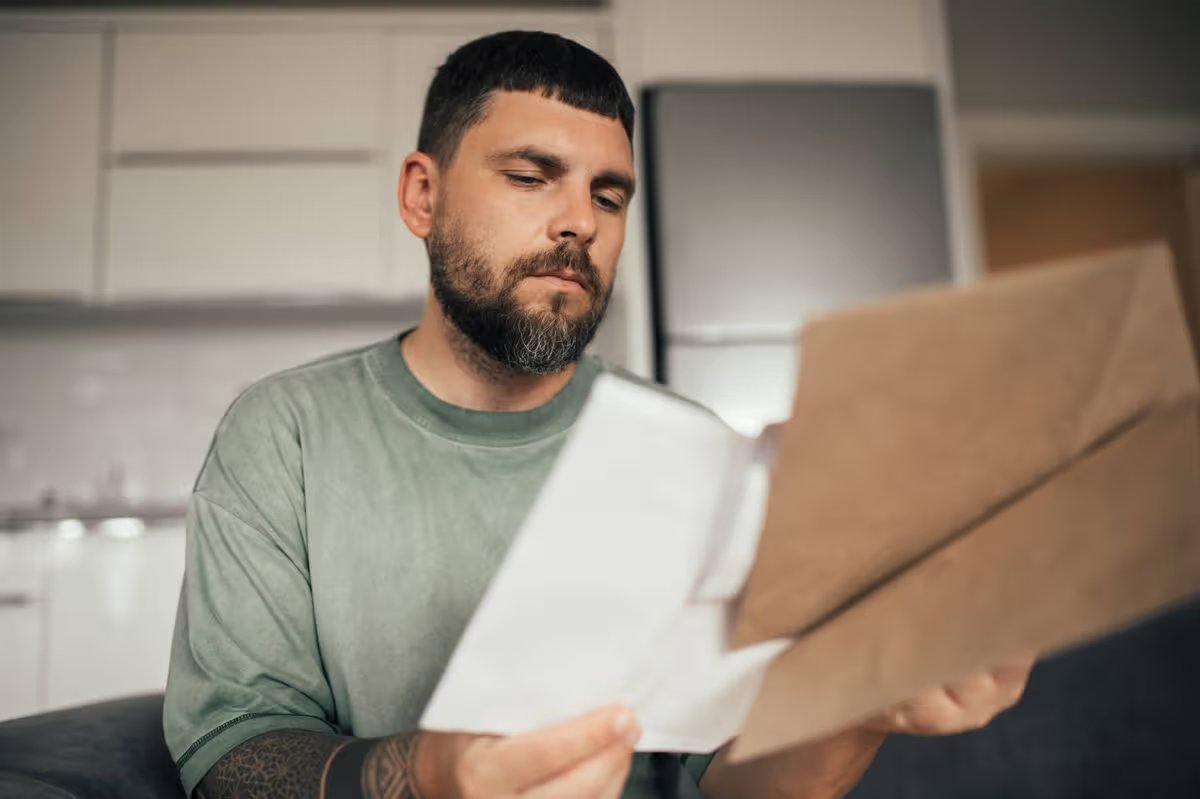 Young entrepreneur analysing paper data, invoices, bills, credit payments or bank statement. Paperwork at home or freelance job. Problem with payments.