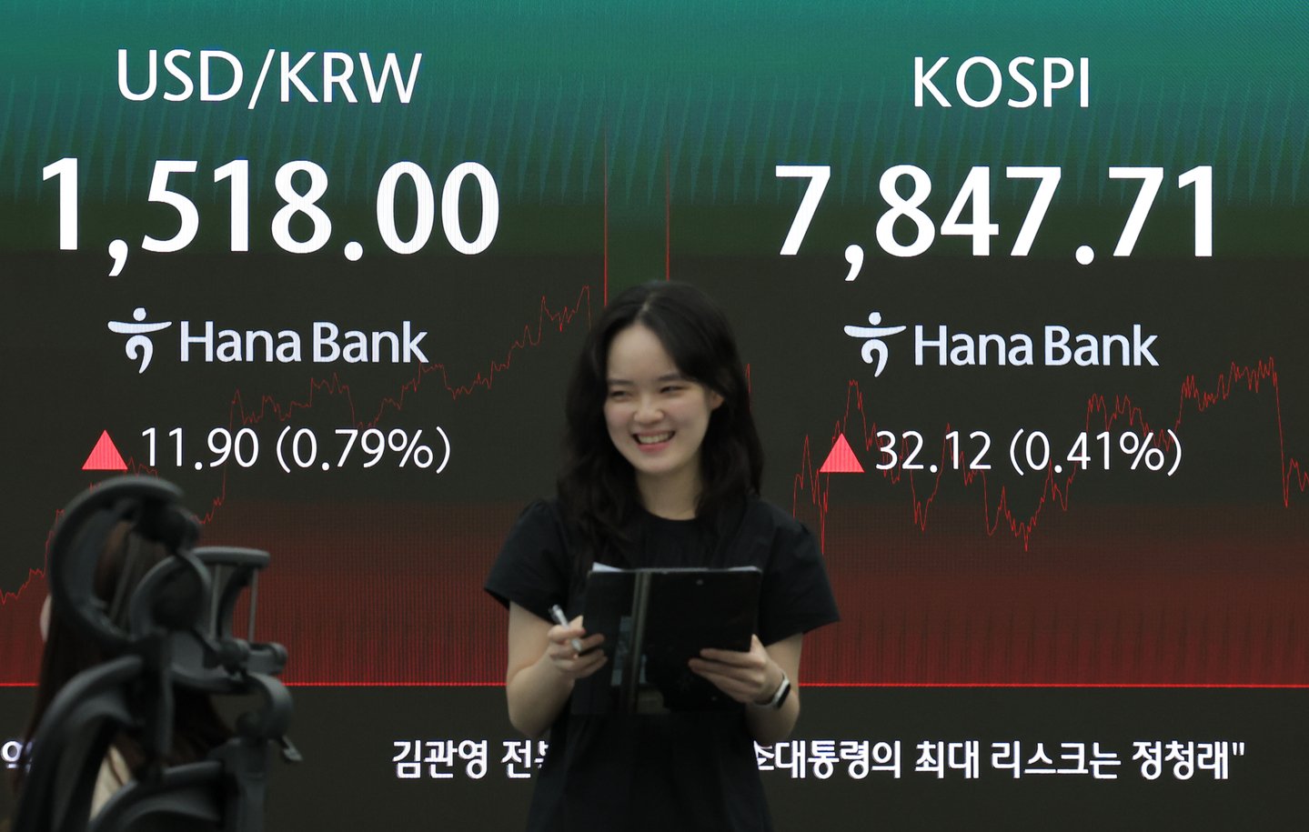 A screen in Hana Bank's trading room in central Seoul shows the Kospi closing at 7,847.71 points on May 22, up 32.12 points, or 0.41 percent, from the previous trading session. [YONHAP]