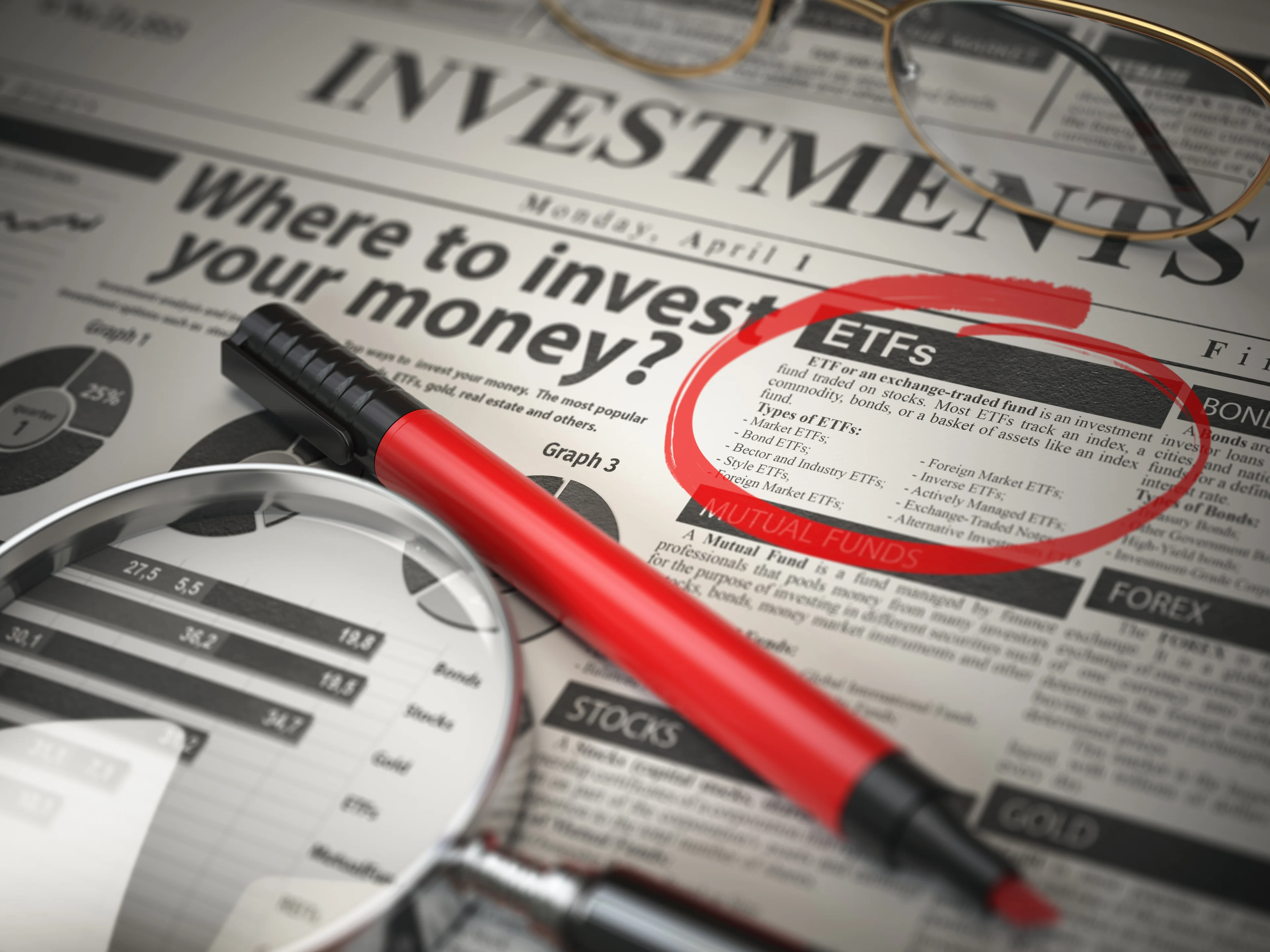 Newspaper with "ETFs" circled.