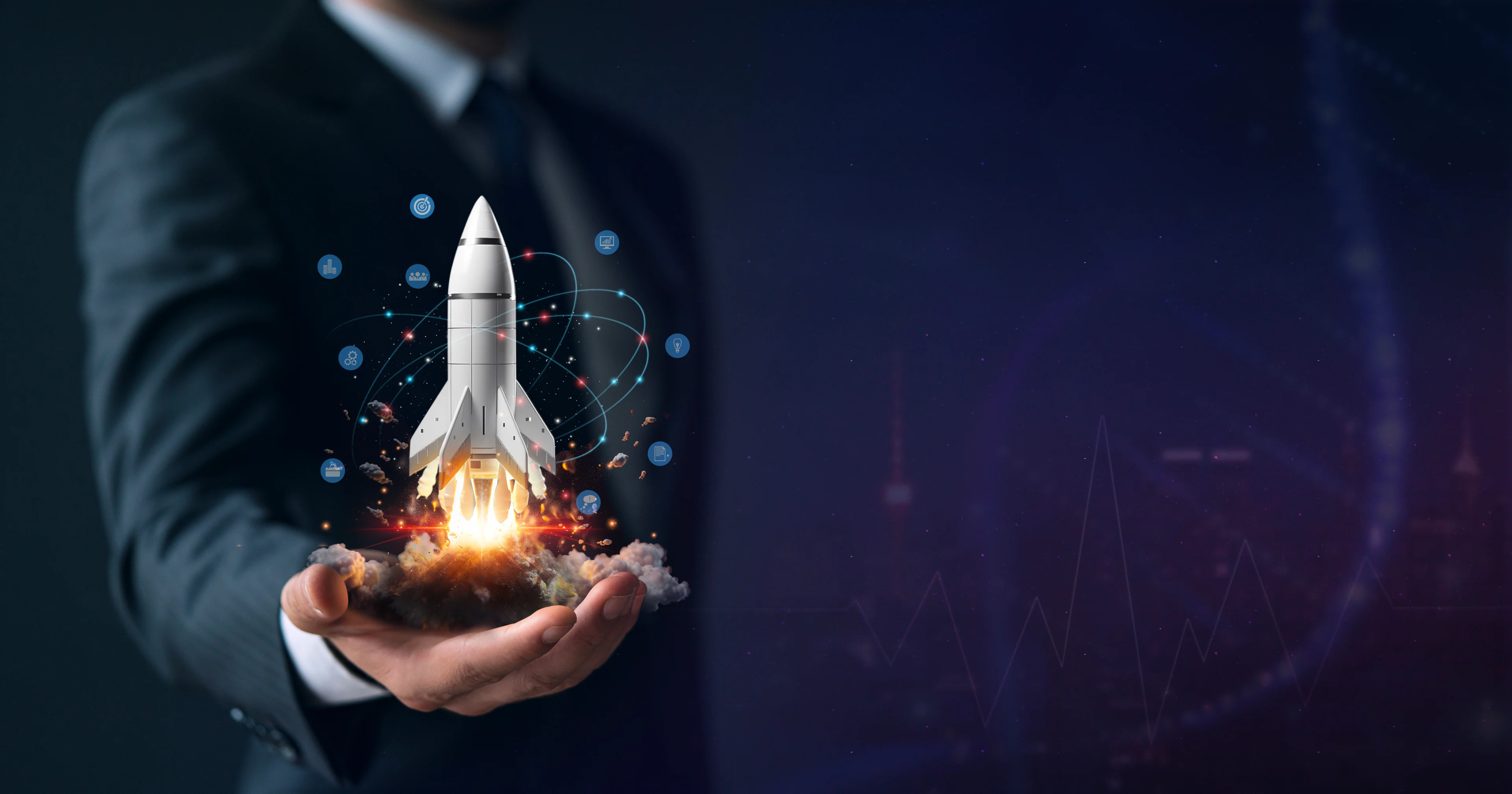 A rocket blasts off from a businessman's hand.