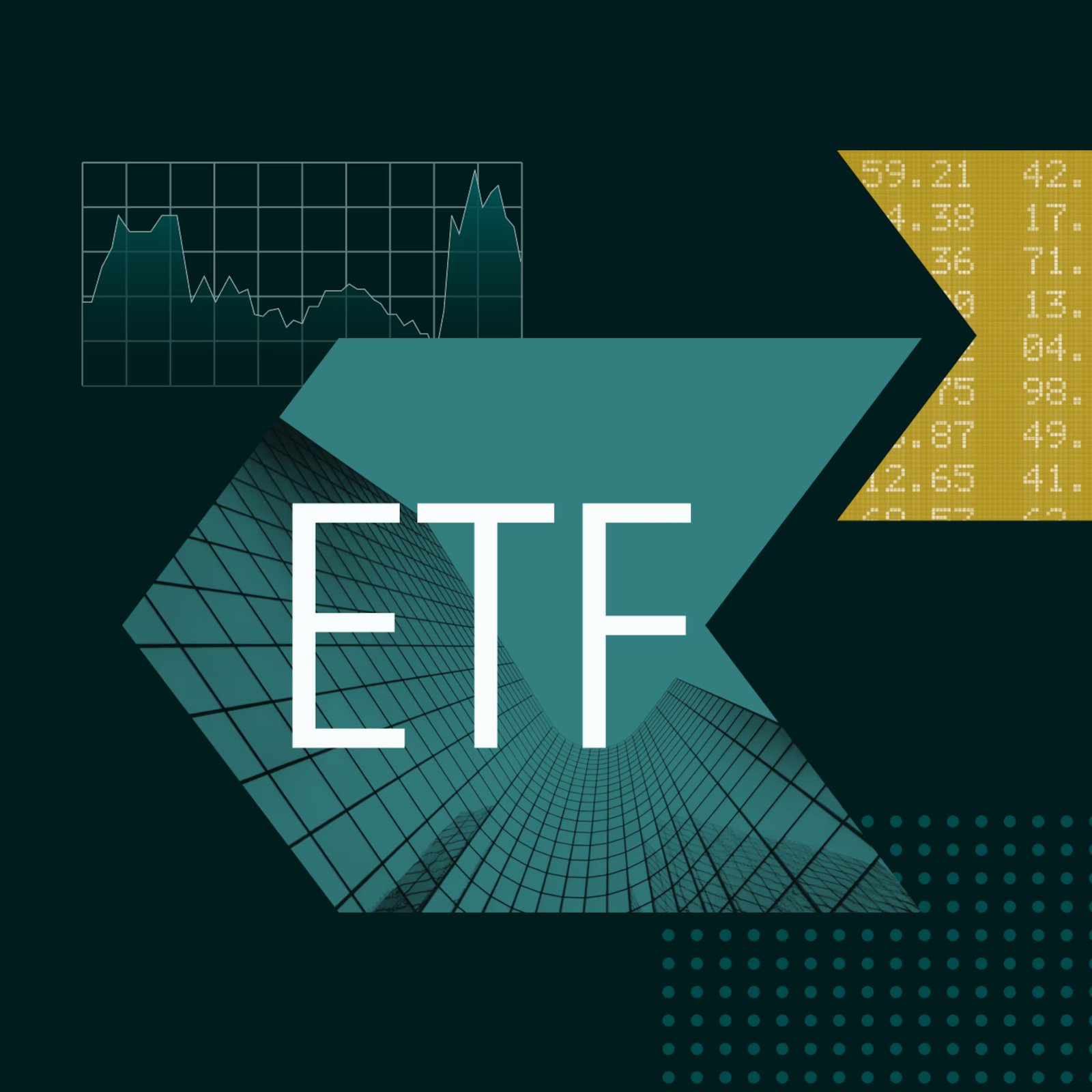 Collage illustration featuring arrows pointing left and right with the text "ETF" at the center and graphical elements.