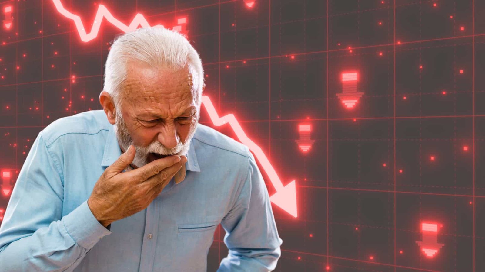A worried elderly man with a white beard and light blue shirt, shown from the chest up, covering his mouth with his hand. The background is a dark, gridded financial chart with a bright red line sharply declining and several red, pixelated downward arrows.