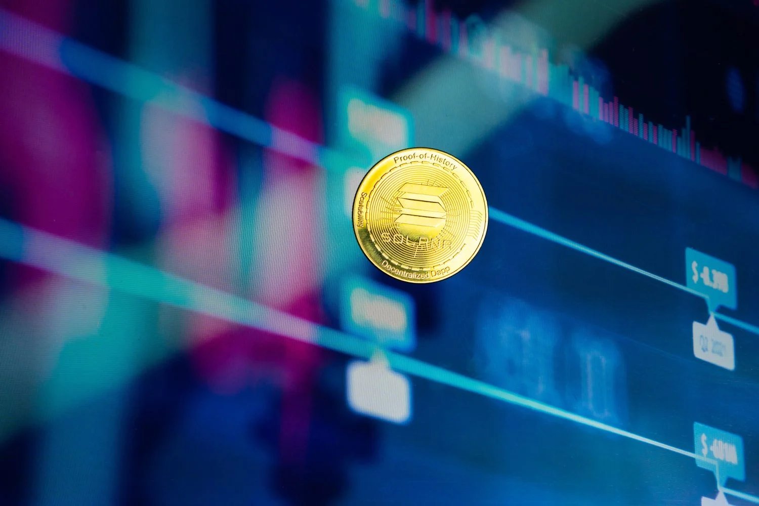 A golden Solana coin with the financial stock market graph in the background. Cryptocurrency coin. Financial market.