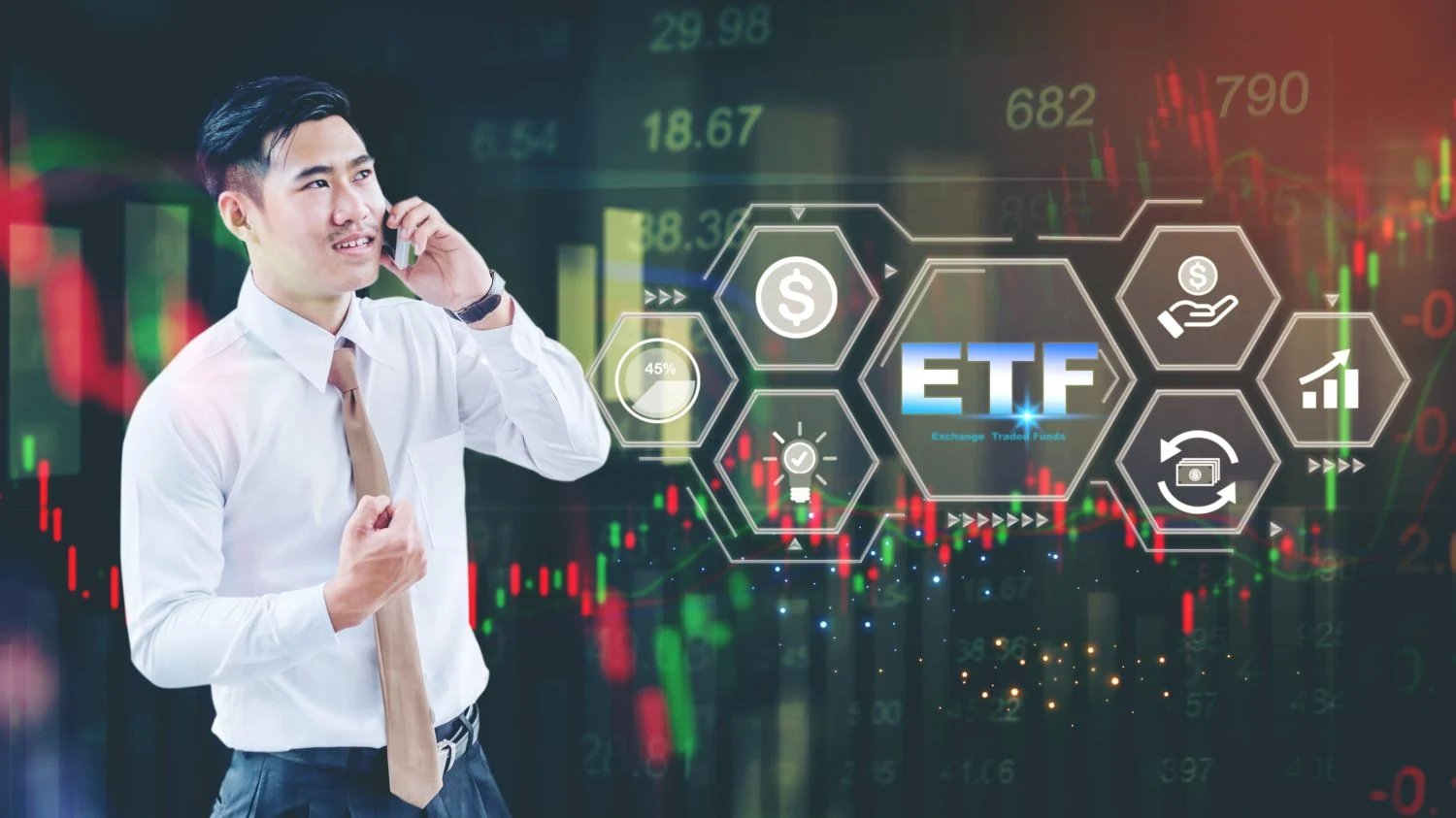 Business team investor think before buying stock market investment investor analysis of ETF Exchange traded fund stock market trading investment financial concept.