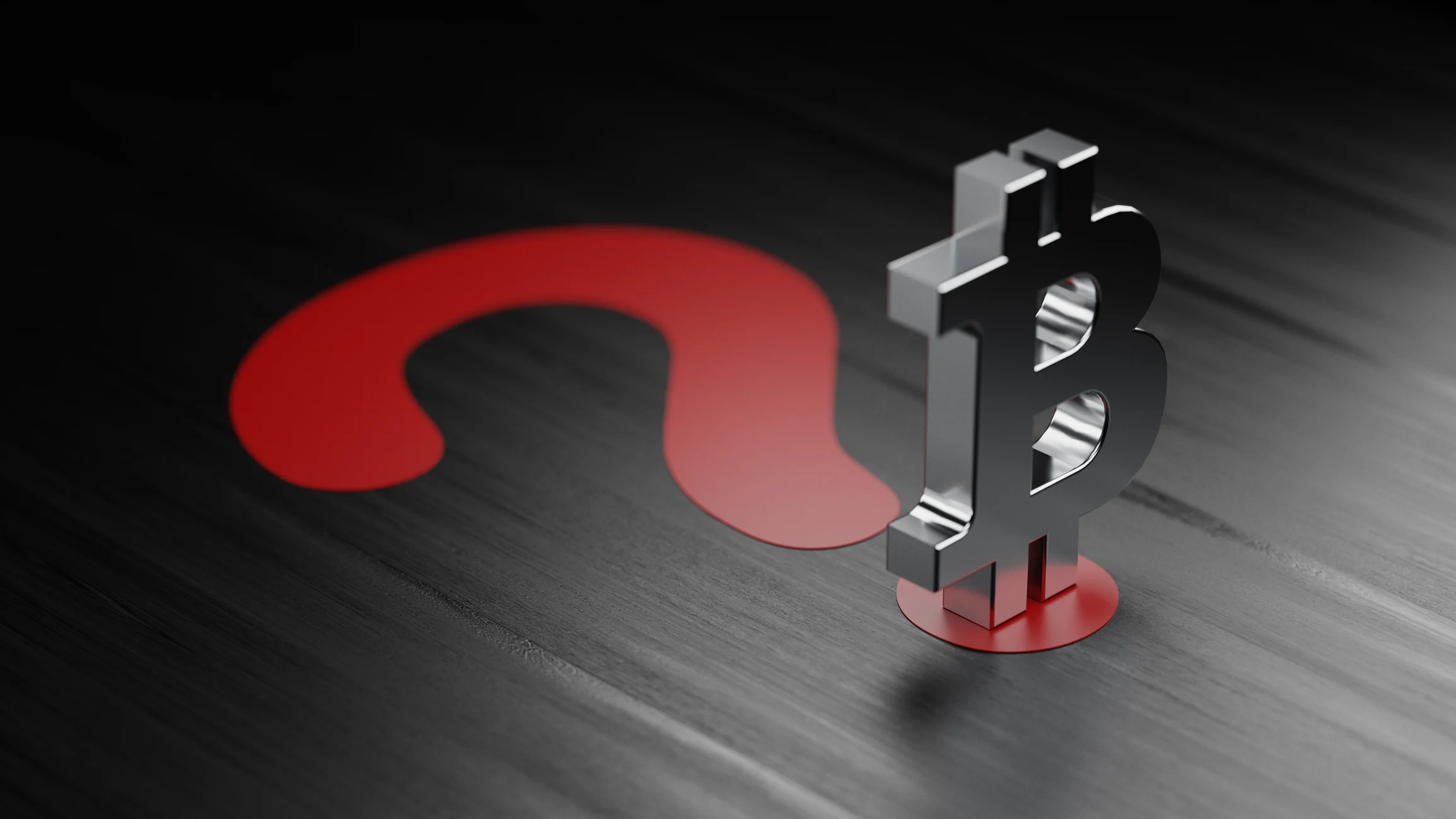 A silver Bitcoin symbol atop a large, red question mark.