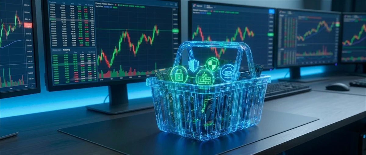 Illustration of a glowing digital shopping basket with cybersecurity icons in front of multiple stock chart monitors.